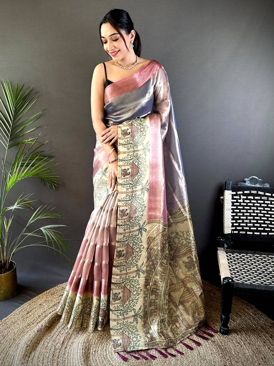 Pink Tissue Madhubani Print Saree