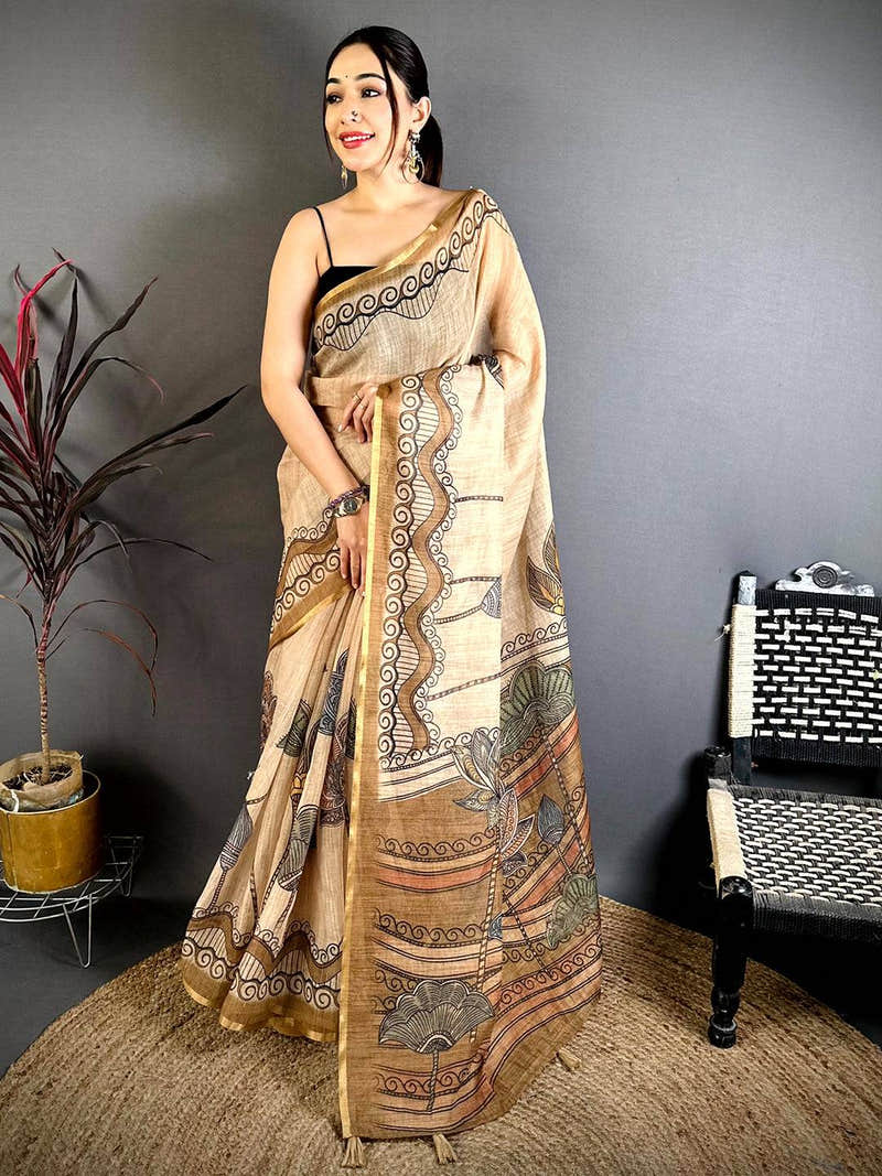 Stylish Freehand Kalamkari Linen Saree