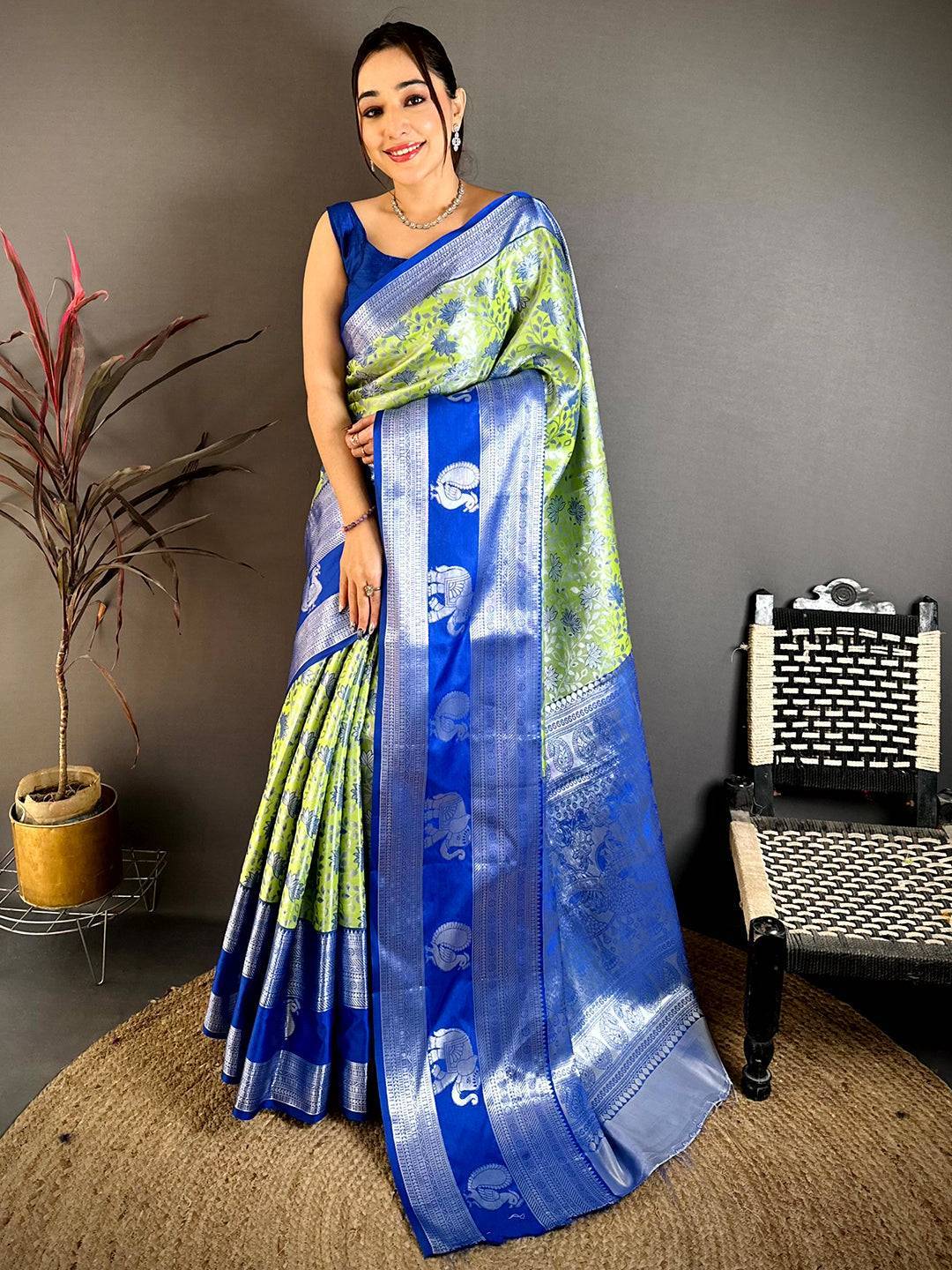 Lime Green Dharmavaram Double Ikkat Saree