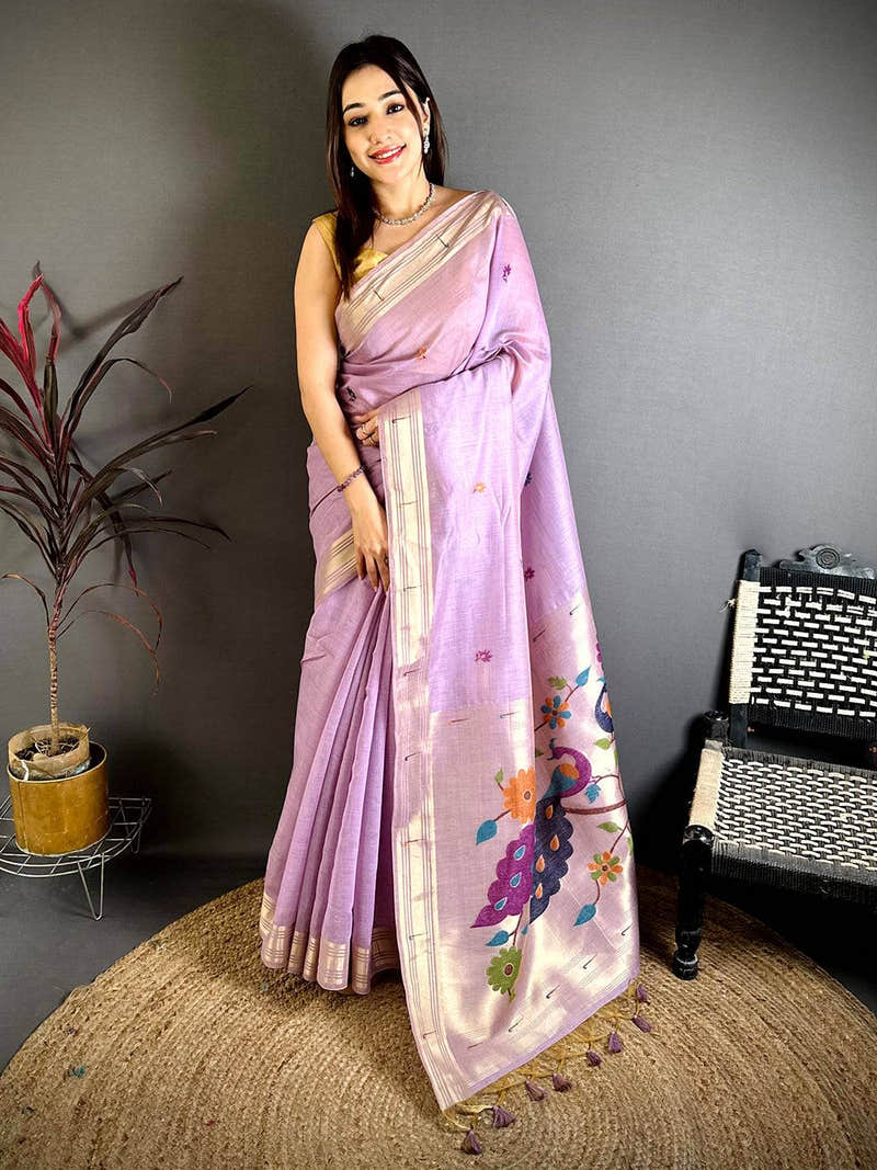 Lavender Munia Minakari Khadi Saree