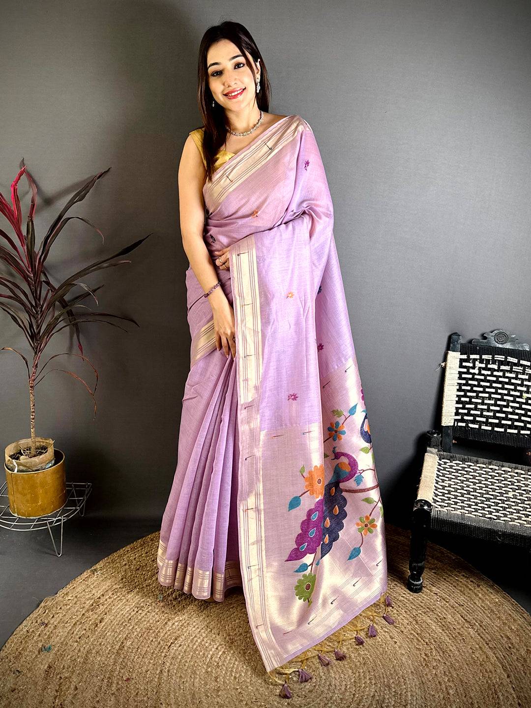 Lavender Munia Minakari Khadi Saree