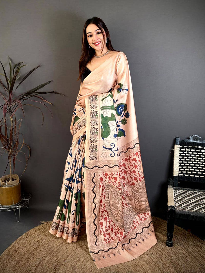 Radiant Peach Printed Soft Tussar Saree