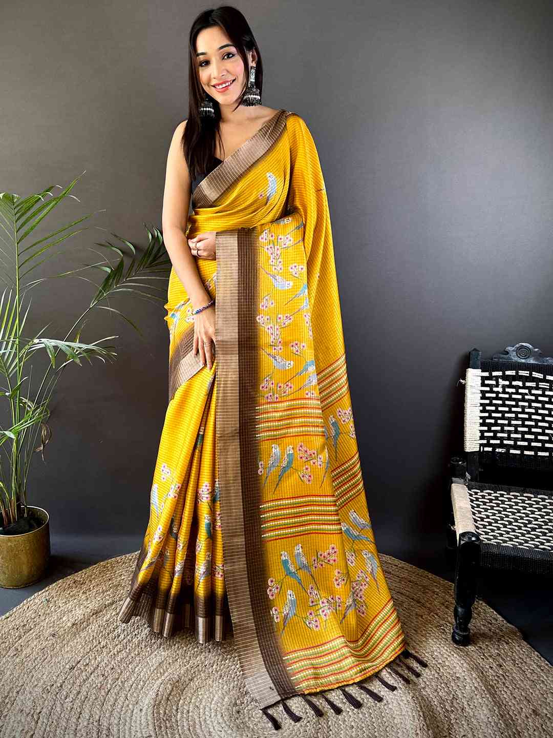 Yellow Chanderi Check Sparrow Print Saree