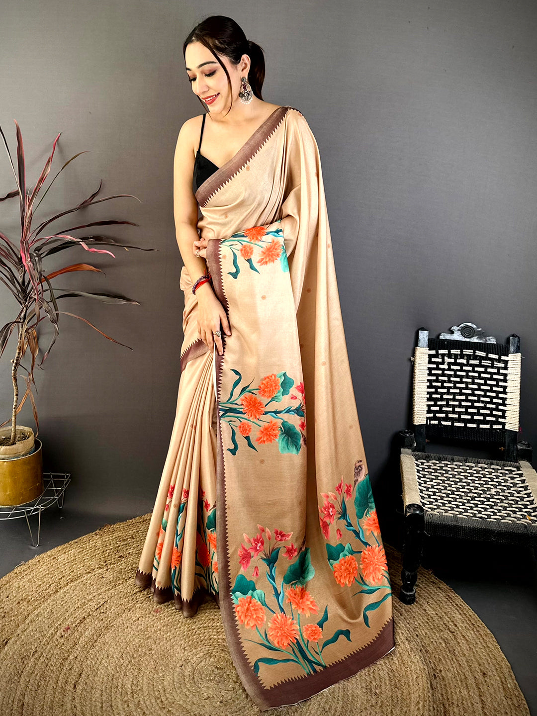 Stylish Beige Tussar Floral Print Saree
