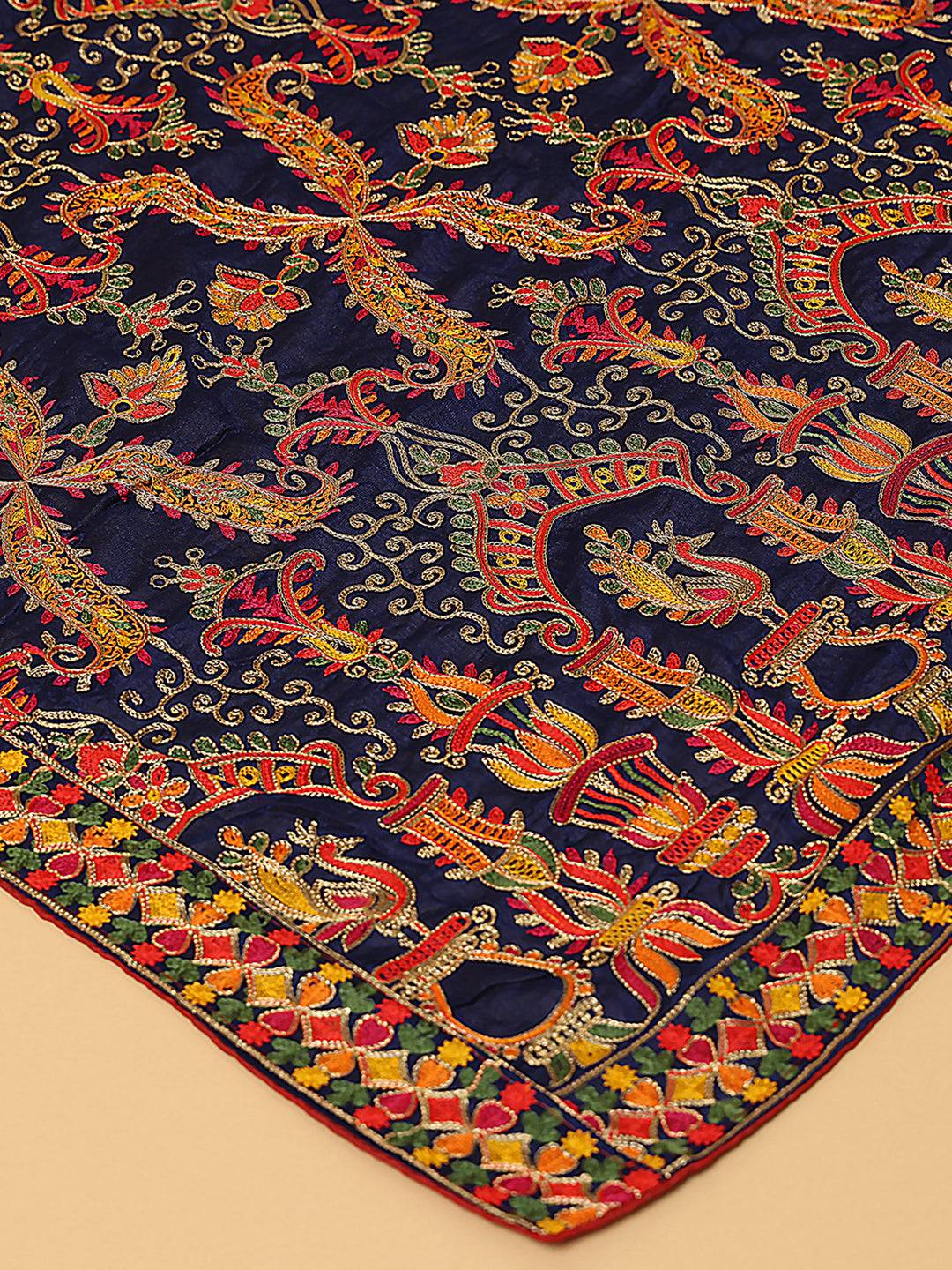 Close-up of navy dupatta with detailed threadwork design