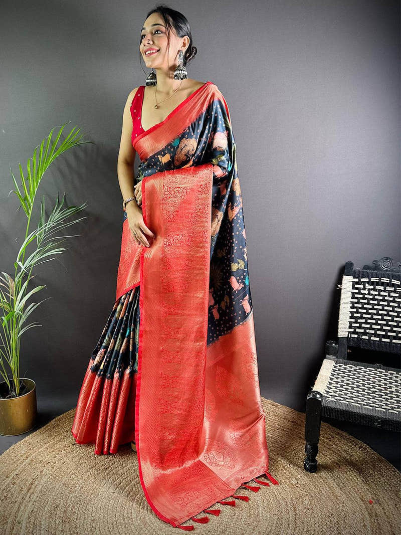 Black Satin Pichwai Print Saree