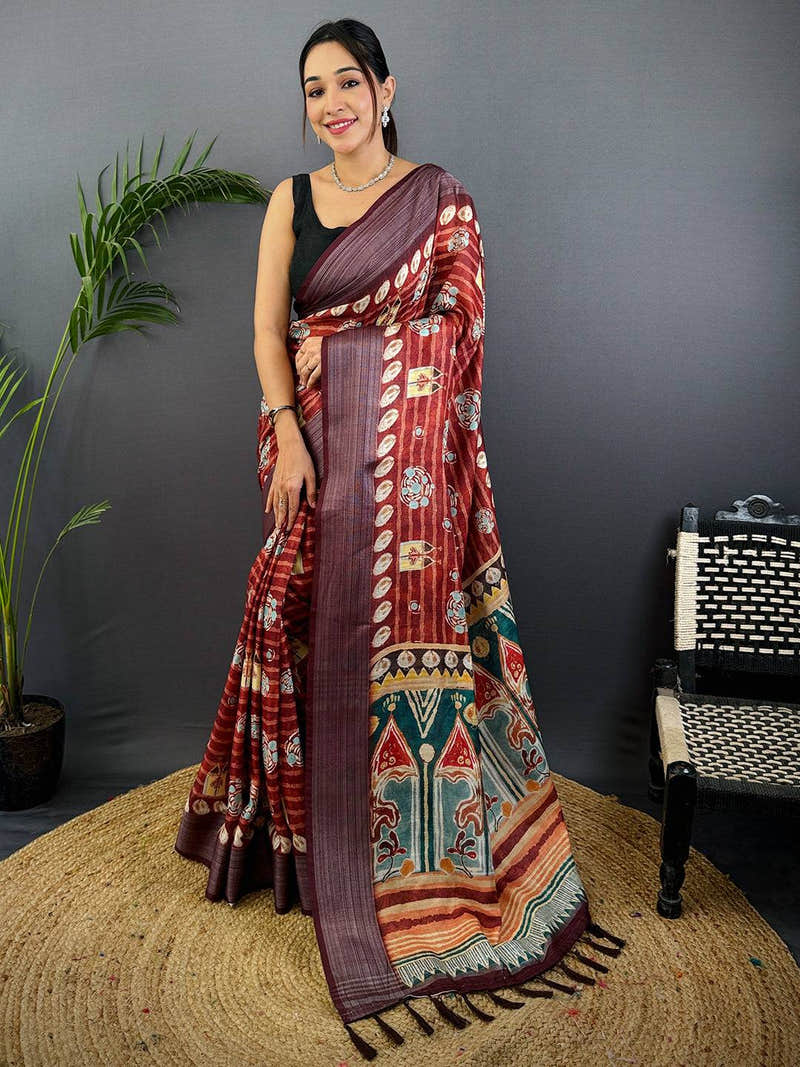 Red Linen Block Kalamkari Print Saree