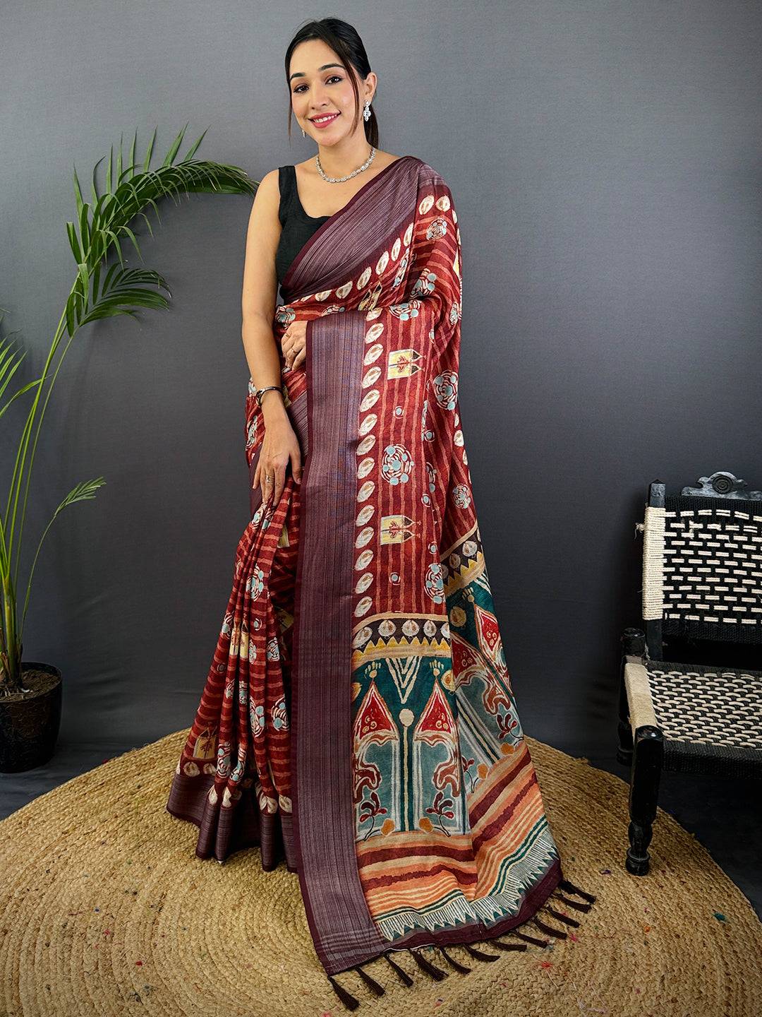 Red Linen Block Kalamkari Print Saree