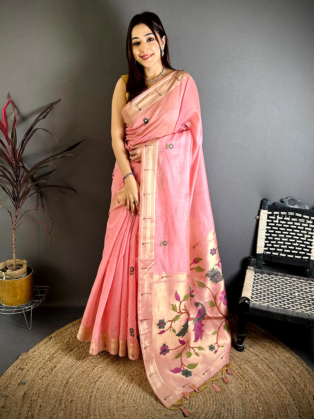 Pink Sunflower Minakari Khadi Saree