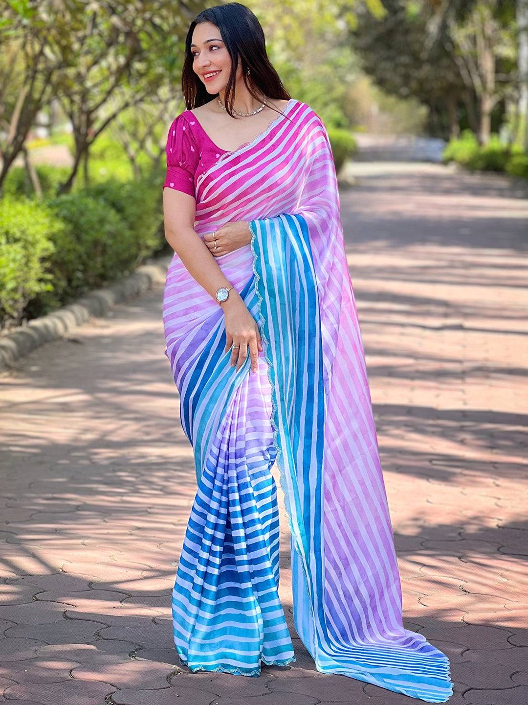Elegant Leheriya Saree with ombre stripes in vibrant colors