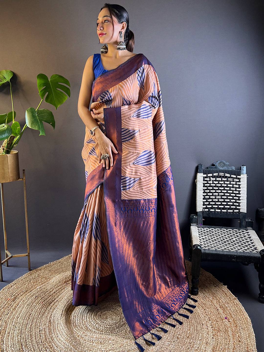 Full view of Peach Tussar Silk Abstract Print Ikkat Saree