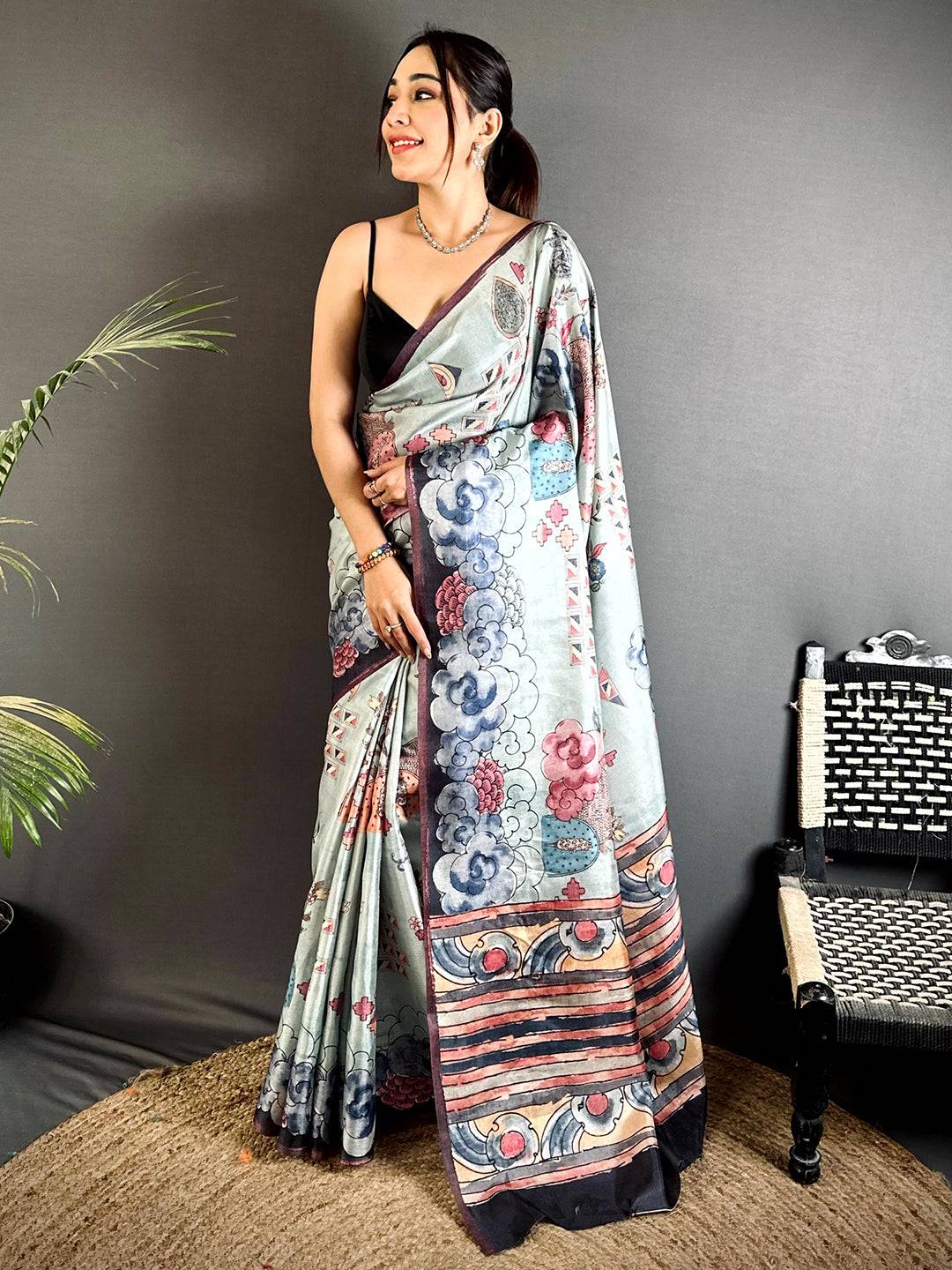 Stylish Floral Kalamkari Tussar Saree