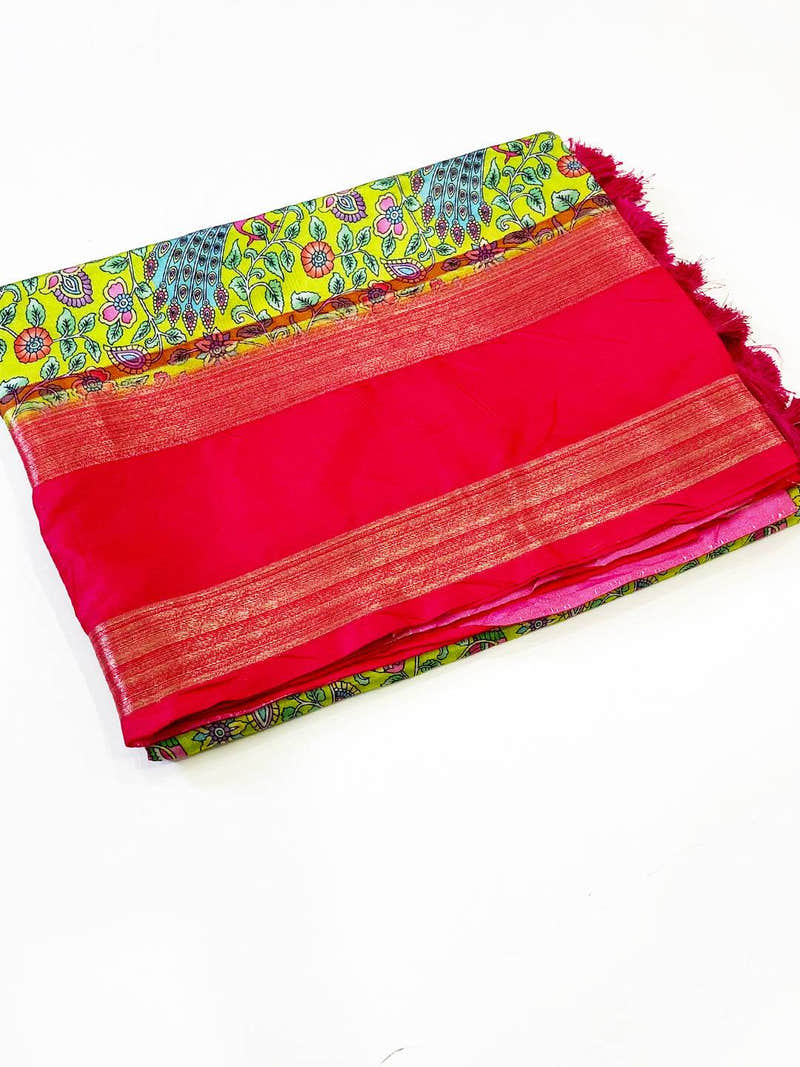 Lime Green Banarasi Silk Peacock Floral Saree