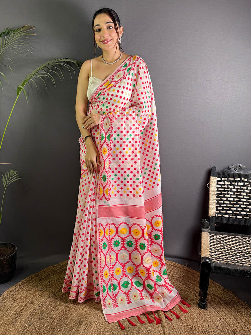 Light Red Dhakai Jamdani Saree
