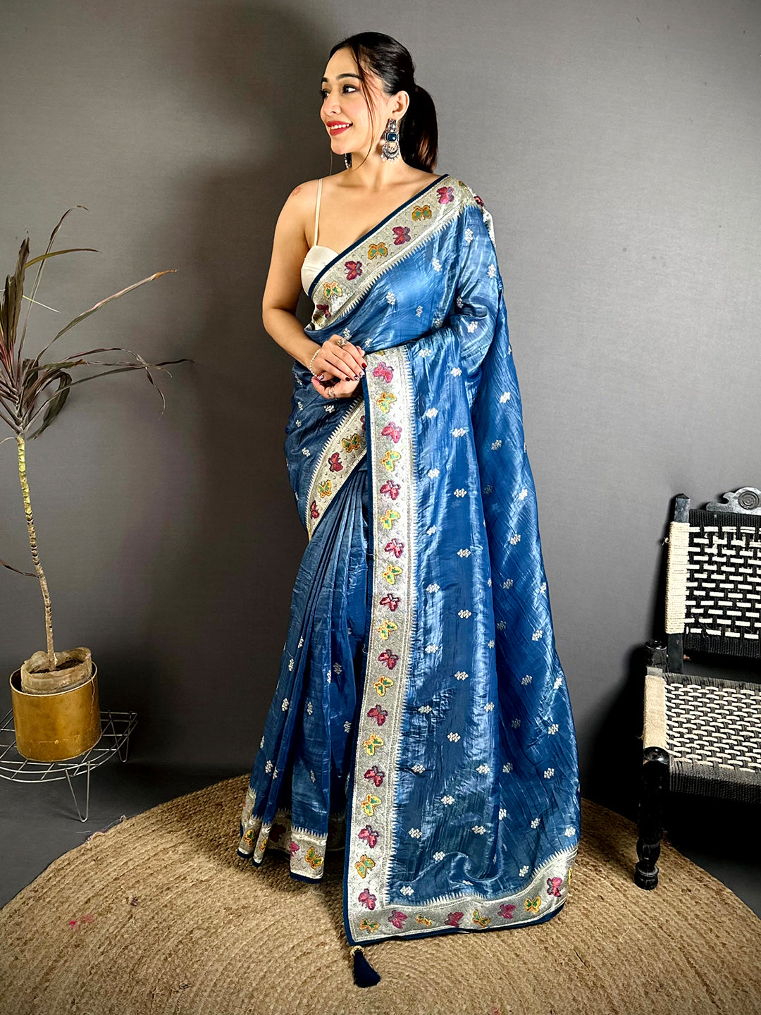 Blue Crush Silk Zari Embroidered Saree