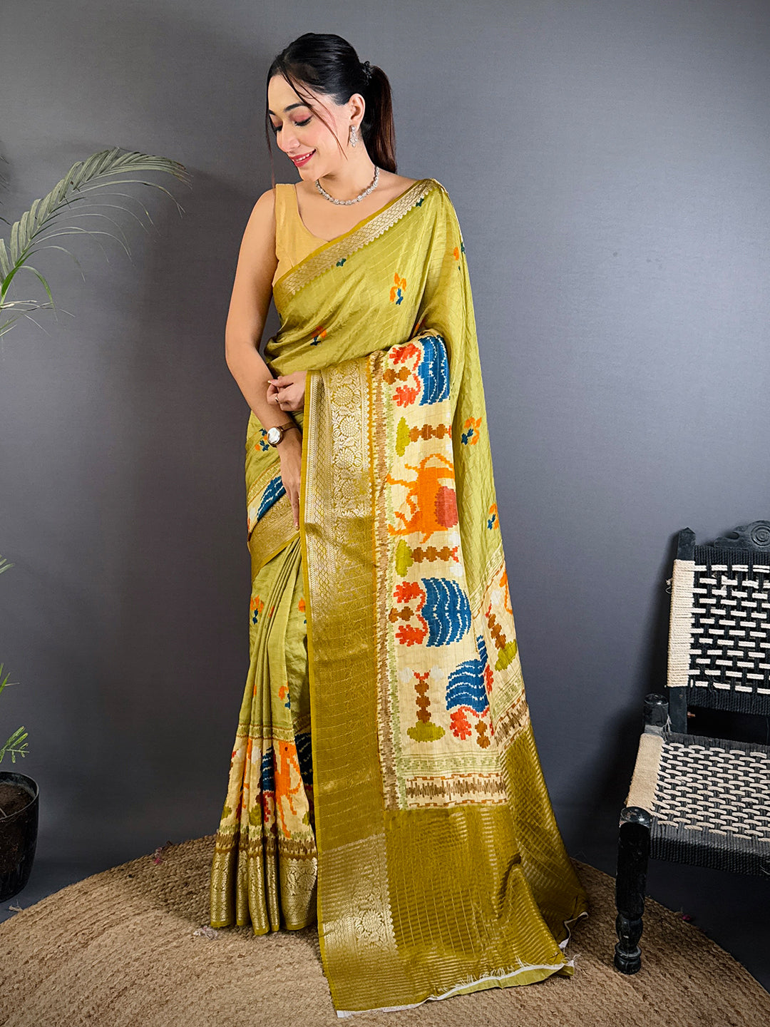 Pure Viscose Light Olive Ikkat Saree