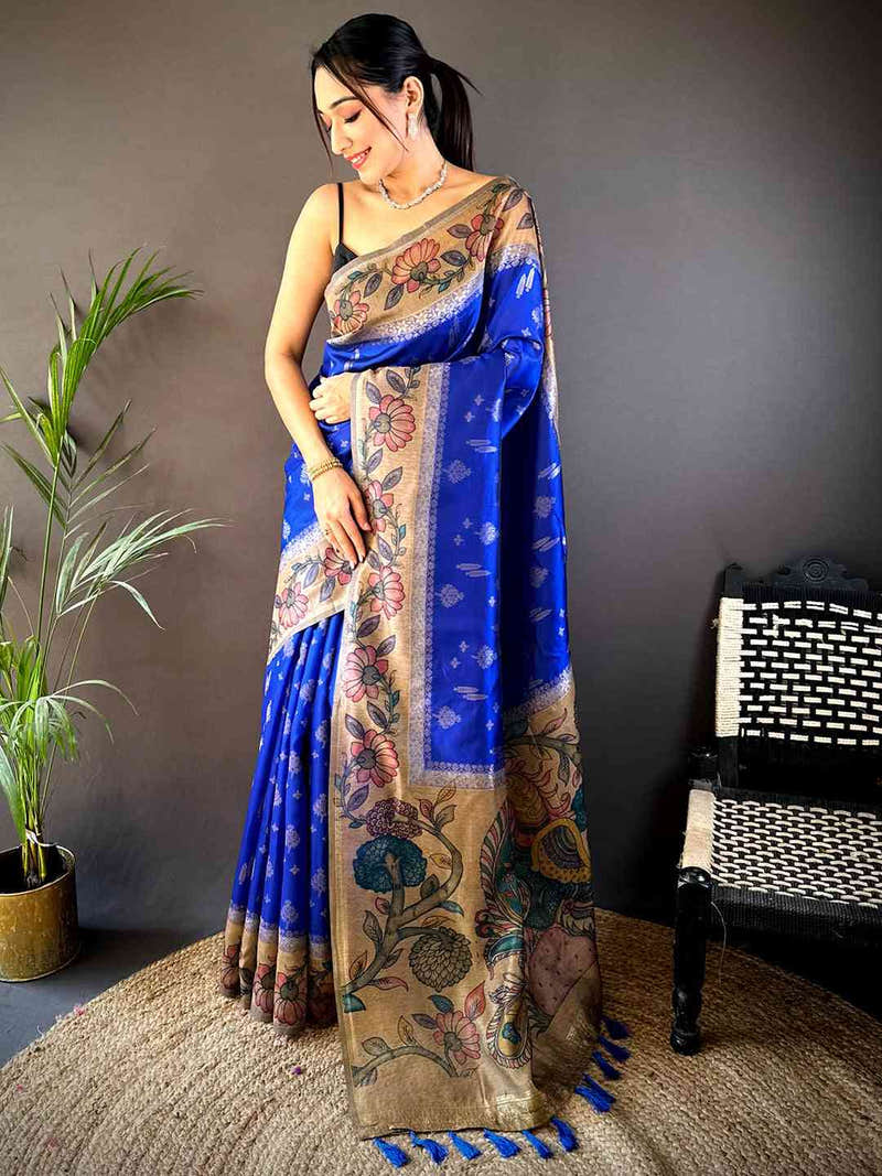 Royal Blue Soft Silk Kalamkari Printed Pallu Saree