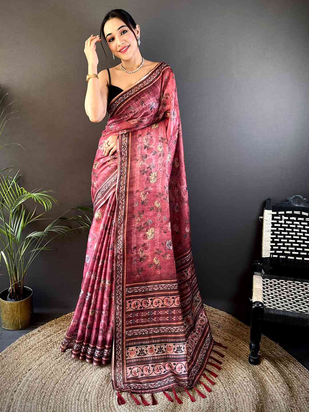 Rose Pink Gold Zari Chanderi Phulkari Saree