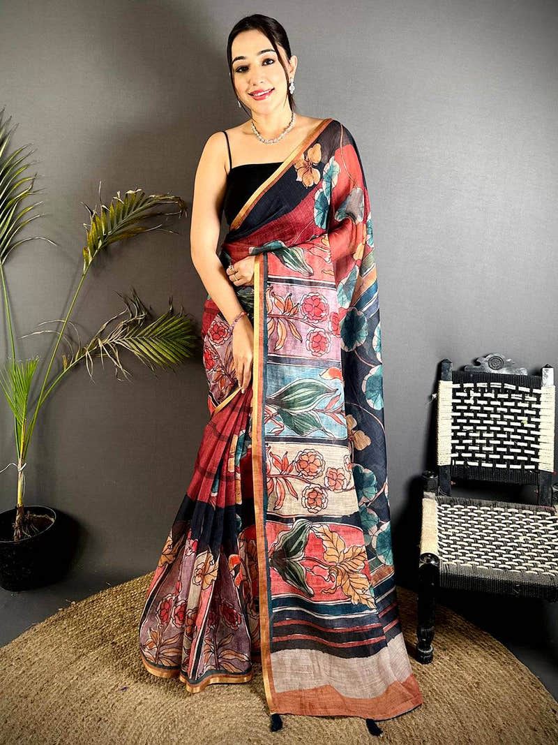Classic Hand Block Floral Linen Saree