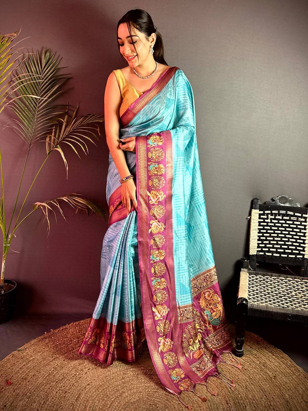 Opulent Tanjore Geometric Semi Silk Saree