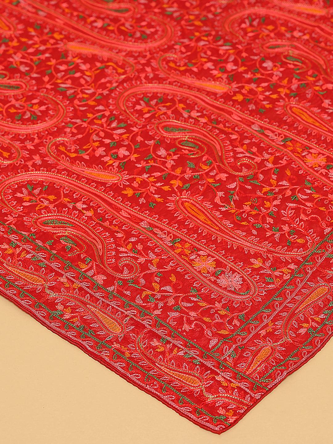 Close-up of Red Poly Chiffon Pashmina Dupatta embroidery