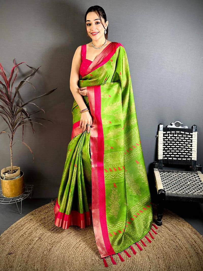 Parrot Green Tussar Zari Chex Bird Motif Saree