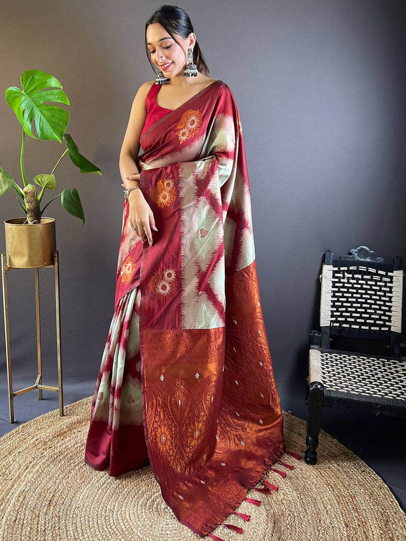 Maroon Tussar Silk Ikkat Weaving Saree