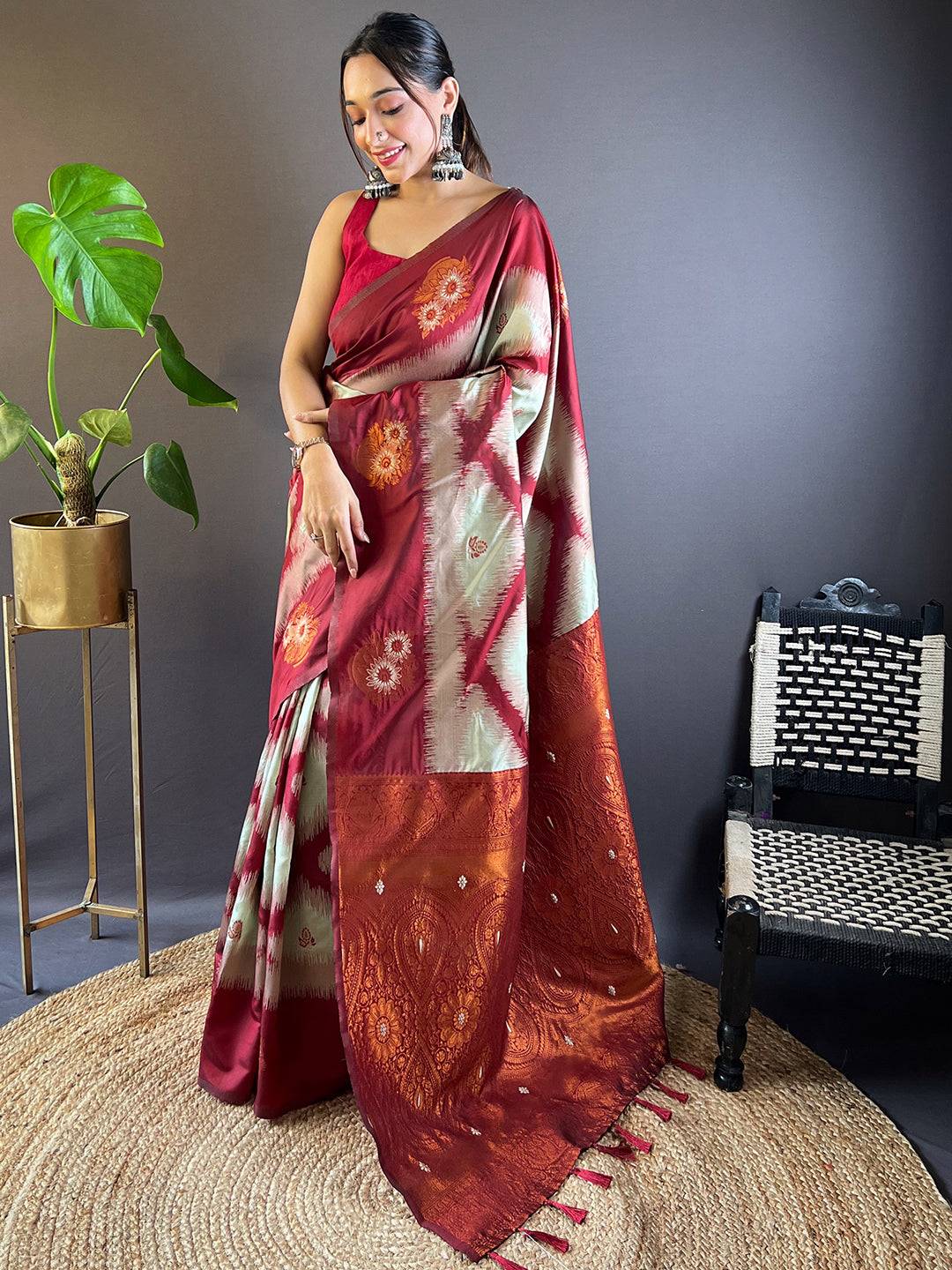 Elegant Maroon Tussar Silk Saree with Ikkat Weaving design