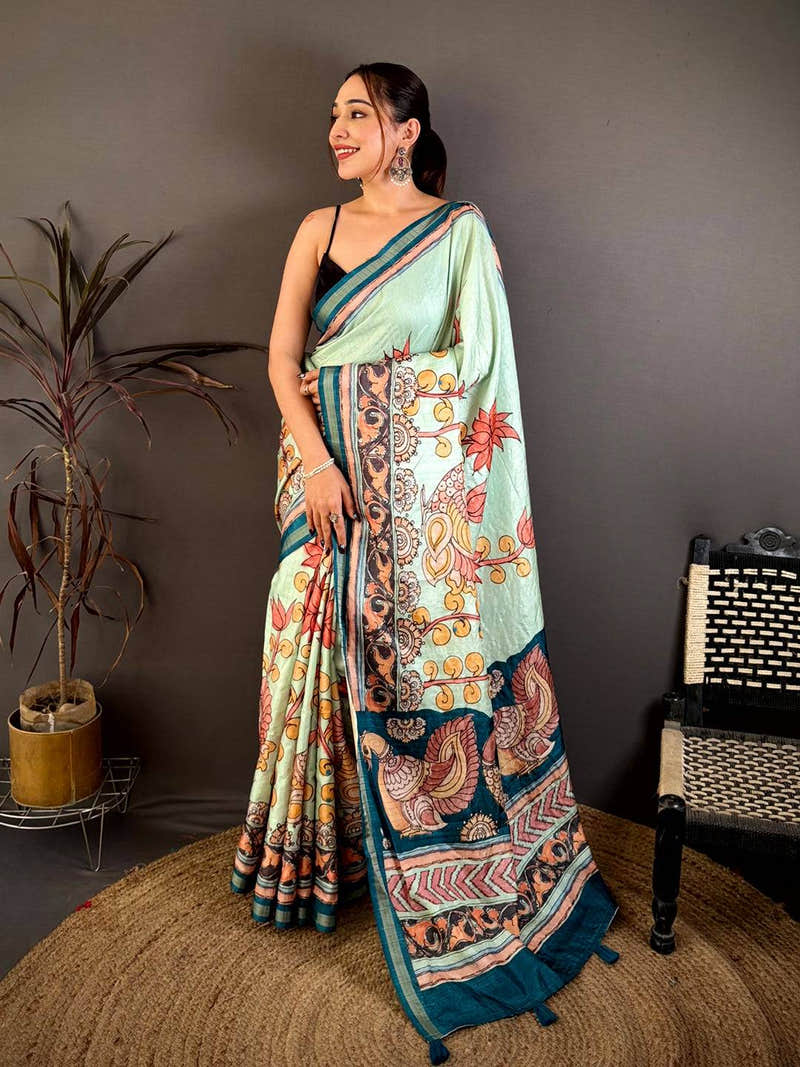 Regal Kalamkari Lotus Tussar Saree
