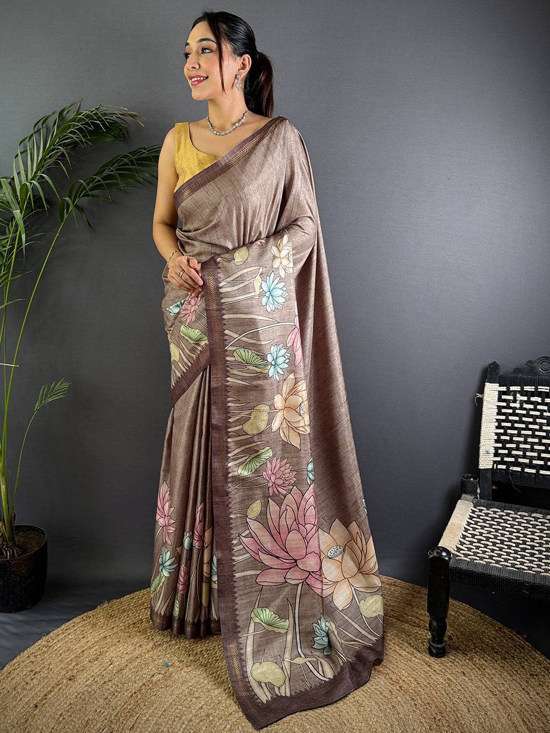 Regal Brown Tussar Ghicha Silk Saree