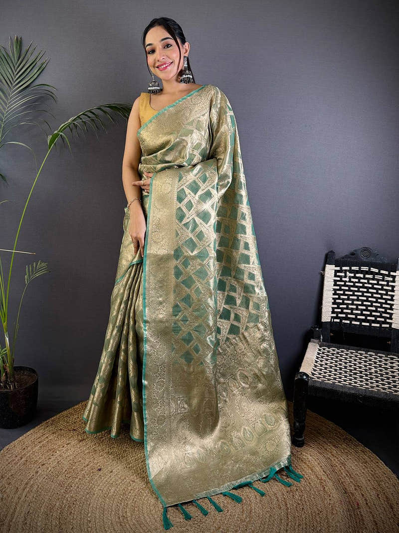 Green Tissue Jarokha Zari Weaving Saree