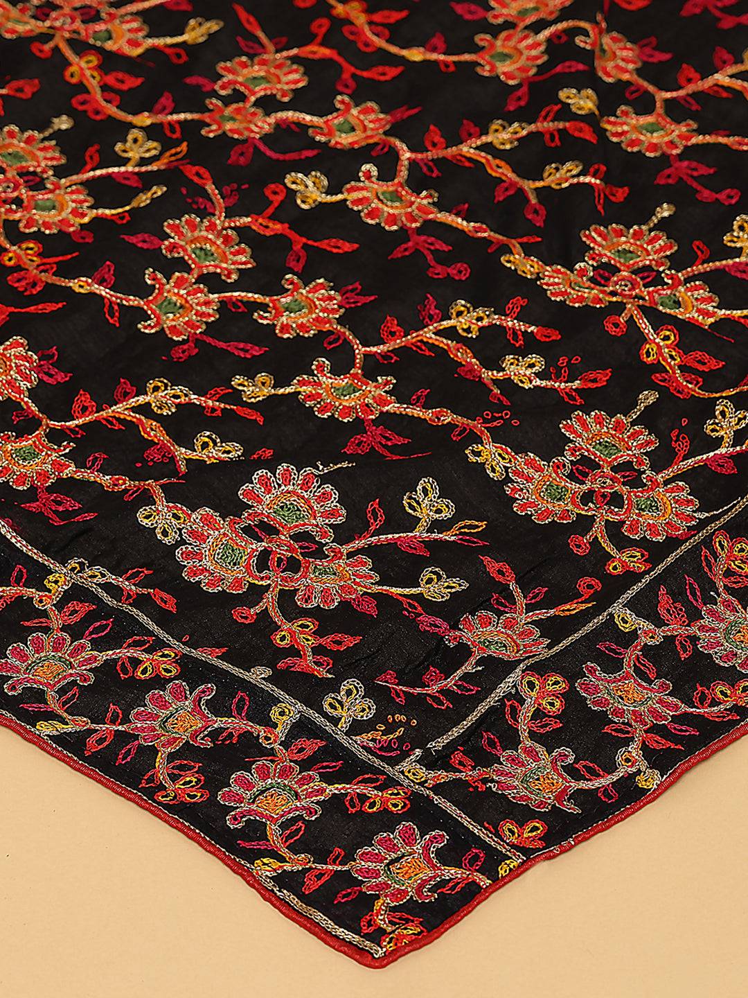 Close-up of black chiffon dupatta showcasing detailed threadwork.