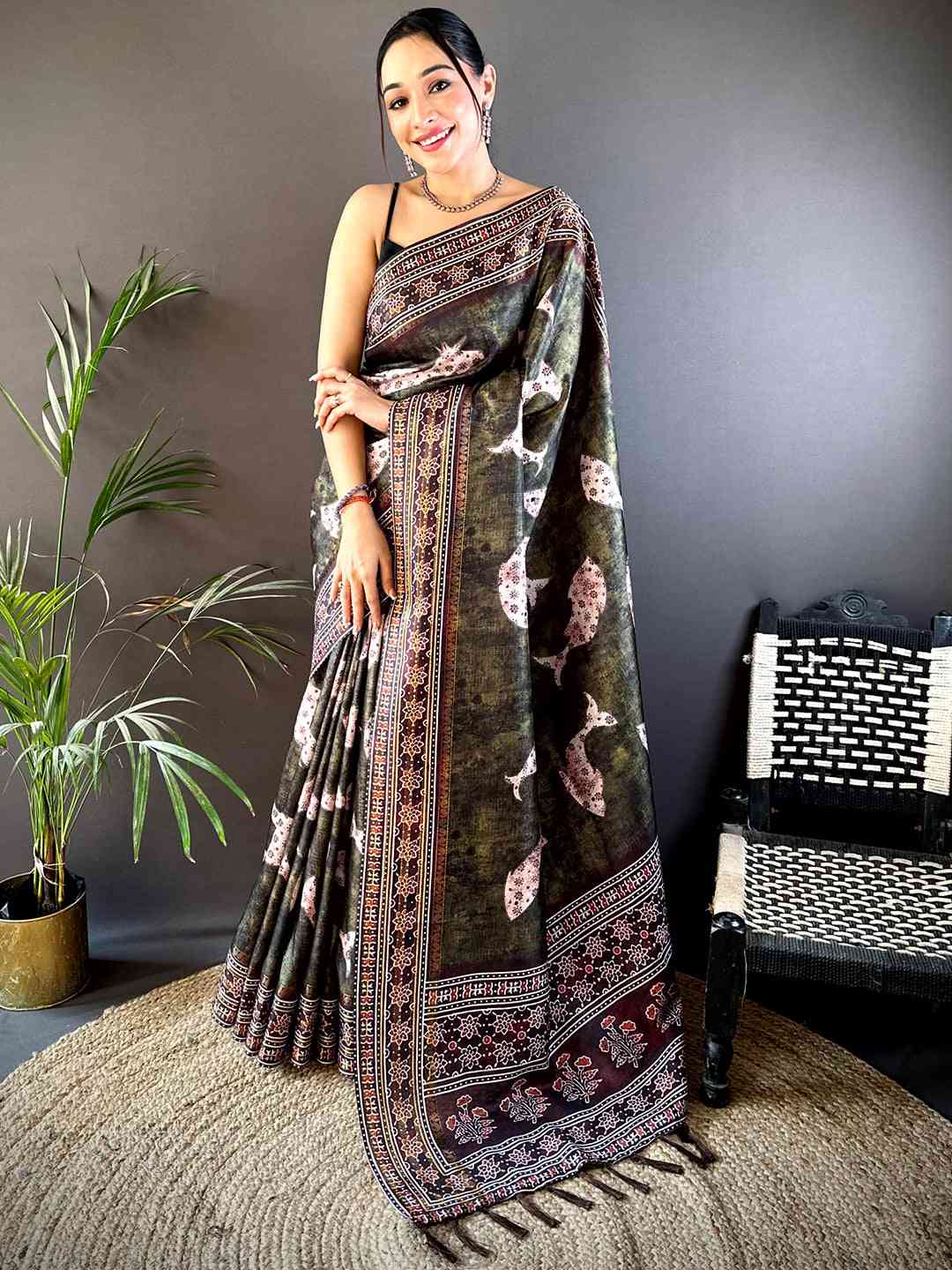 Dark Brown Soft Silk Fish Kalamkari Saree