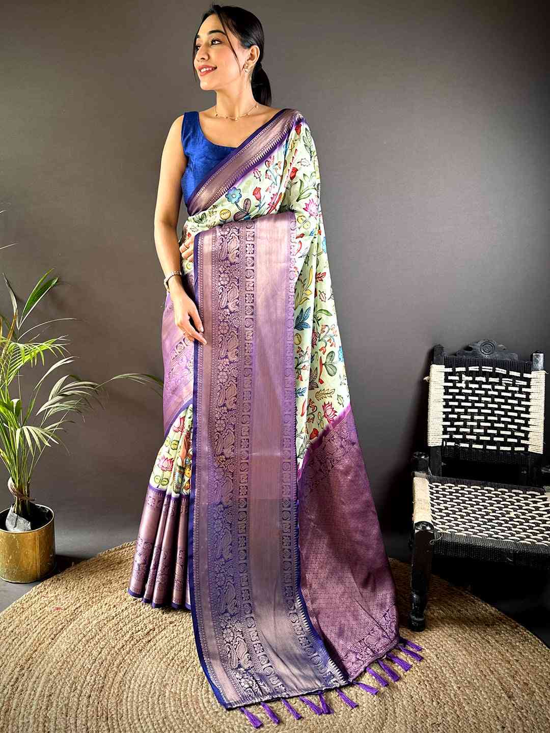 Pista Soft Banarasi Silk Floral Kalamkari Saree