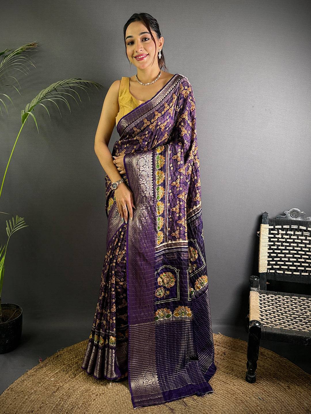 Royal Purple Ajrak Print Viscose Saree