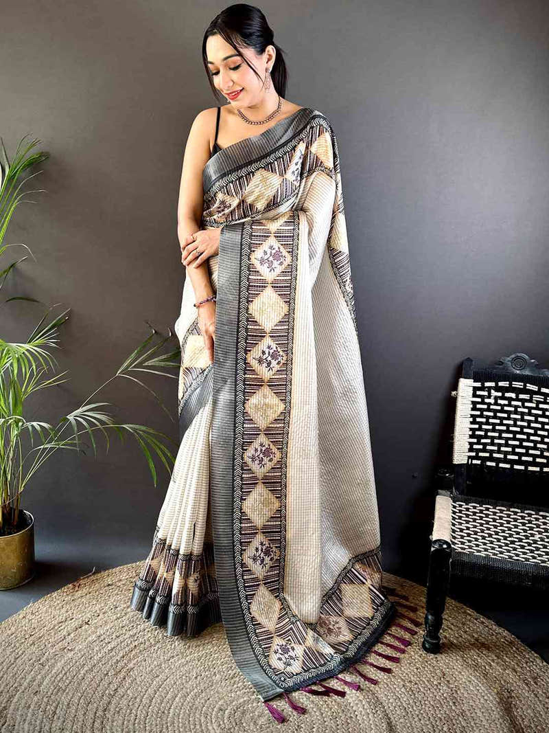 Grey Soft Silk Floral Digital Saree