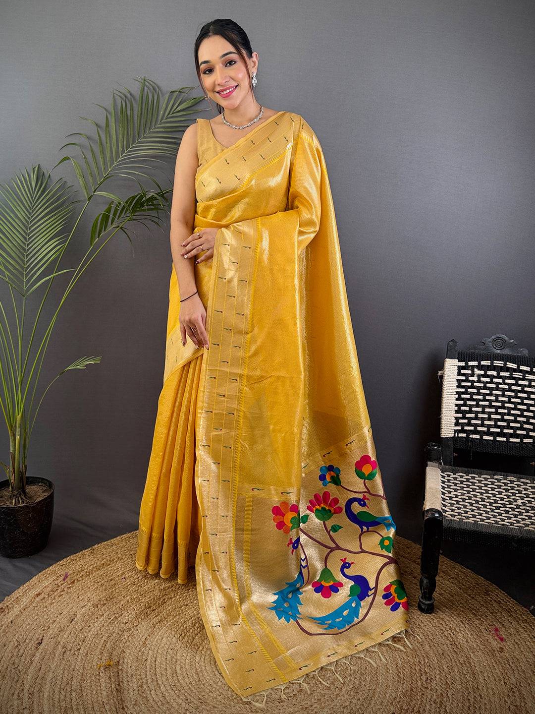Yellow Soft Zari Tissue Paithani Saree