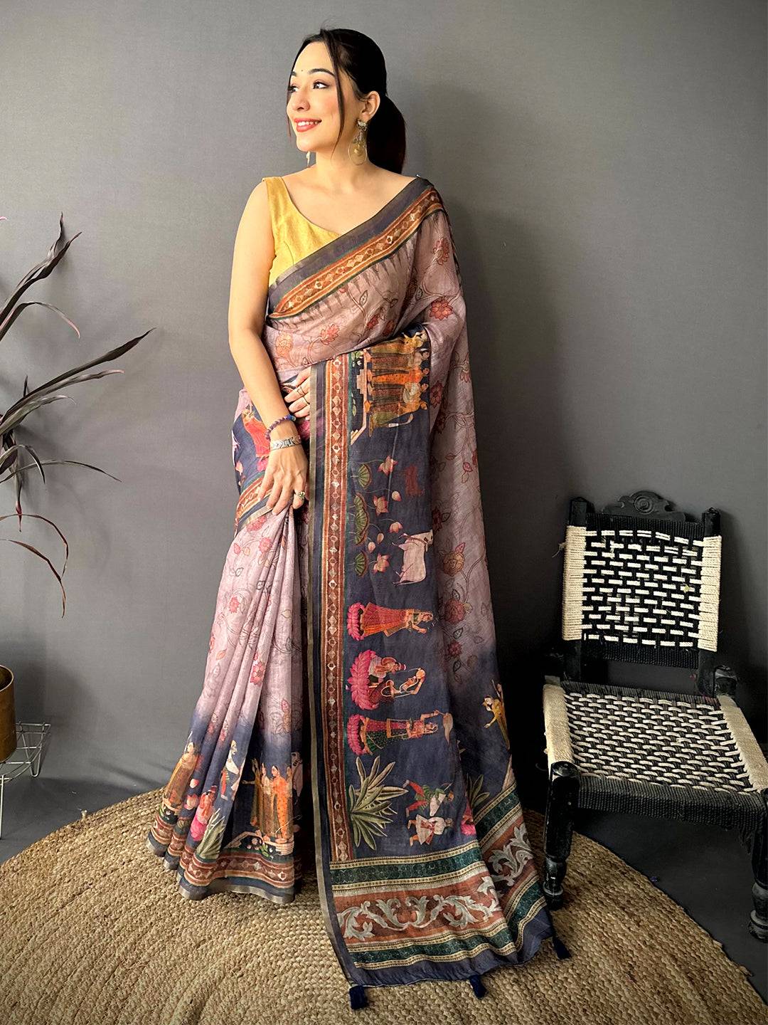 Tradition Pen Kalamkari Digital Linen Saree