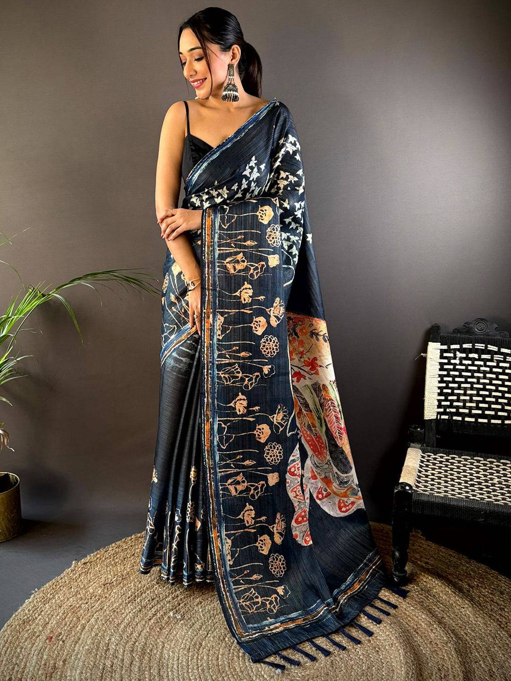Deep Teal Monochromatic Botanical Print Saree