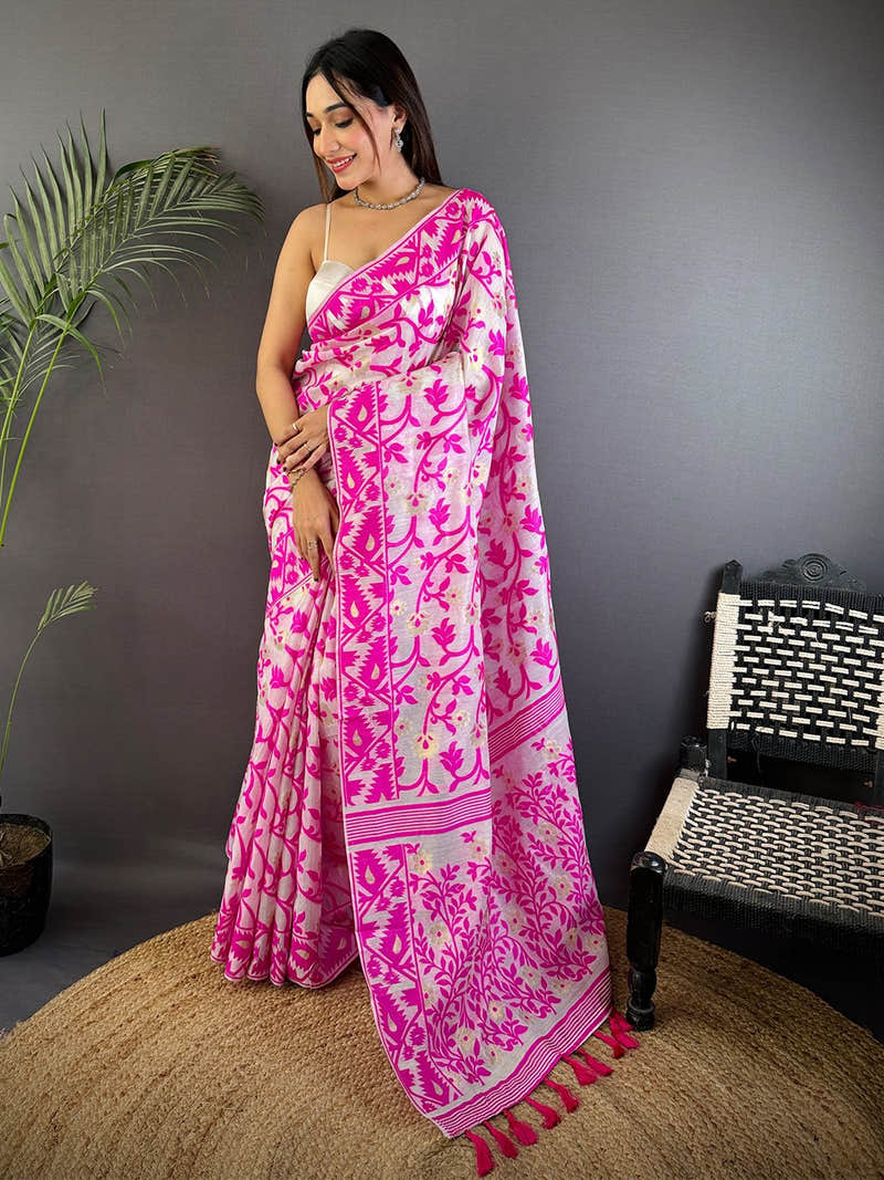 Radiant Pink Dhakai Jamdani Cotton Silk Saree