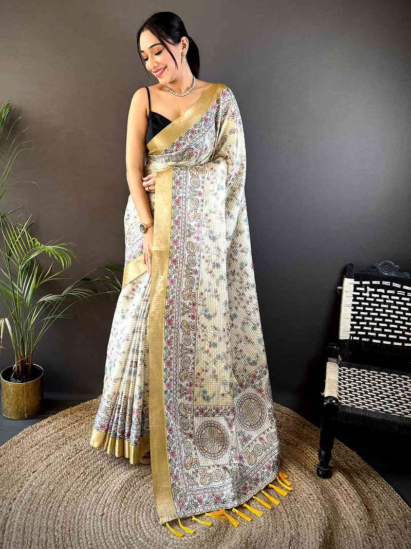 Off White Chanderi Madhubani Black Chex Saree