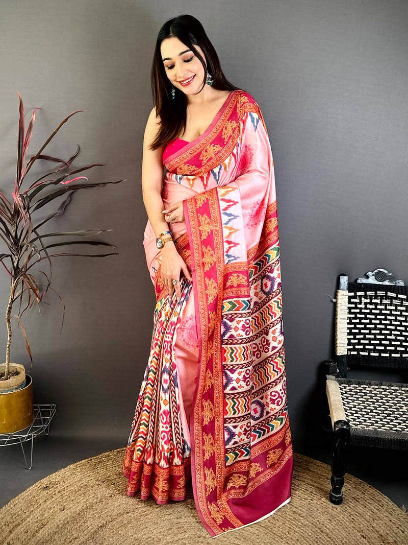 Pink Tanjore Ikkat Digital Tussar Saree