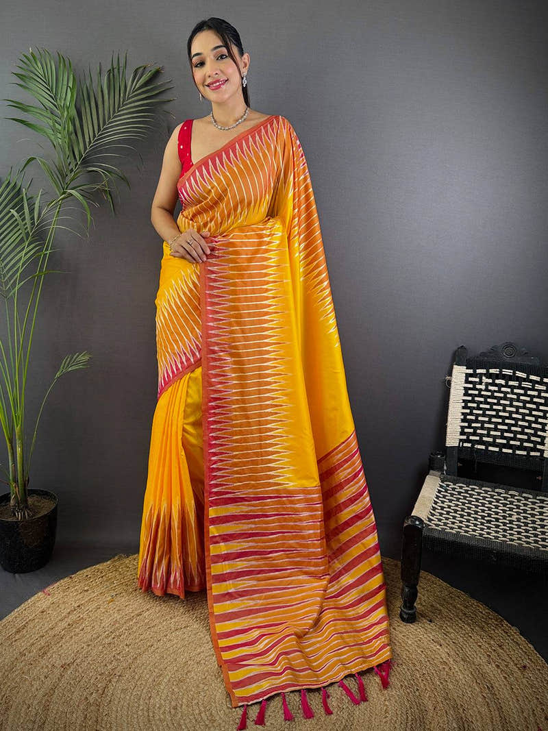 Yellow Soft Silk Ikkat Zari Weaving Saree