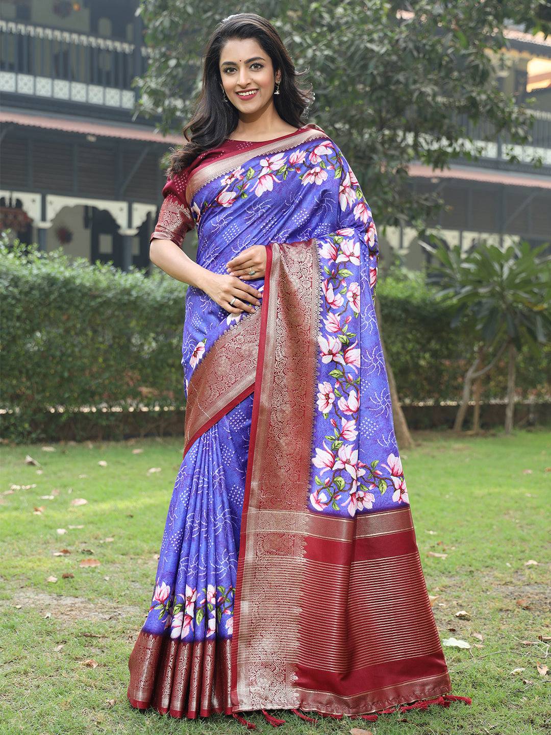 Purple Pure Viscose Dola Silk Saree With Floral Print Border