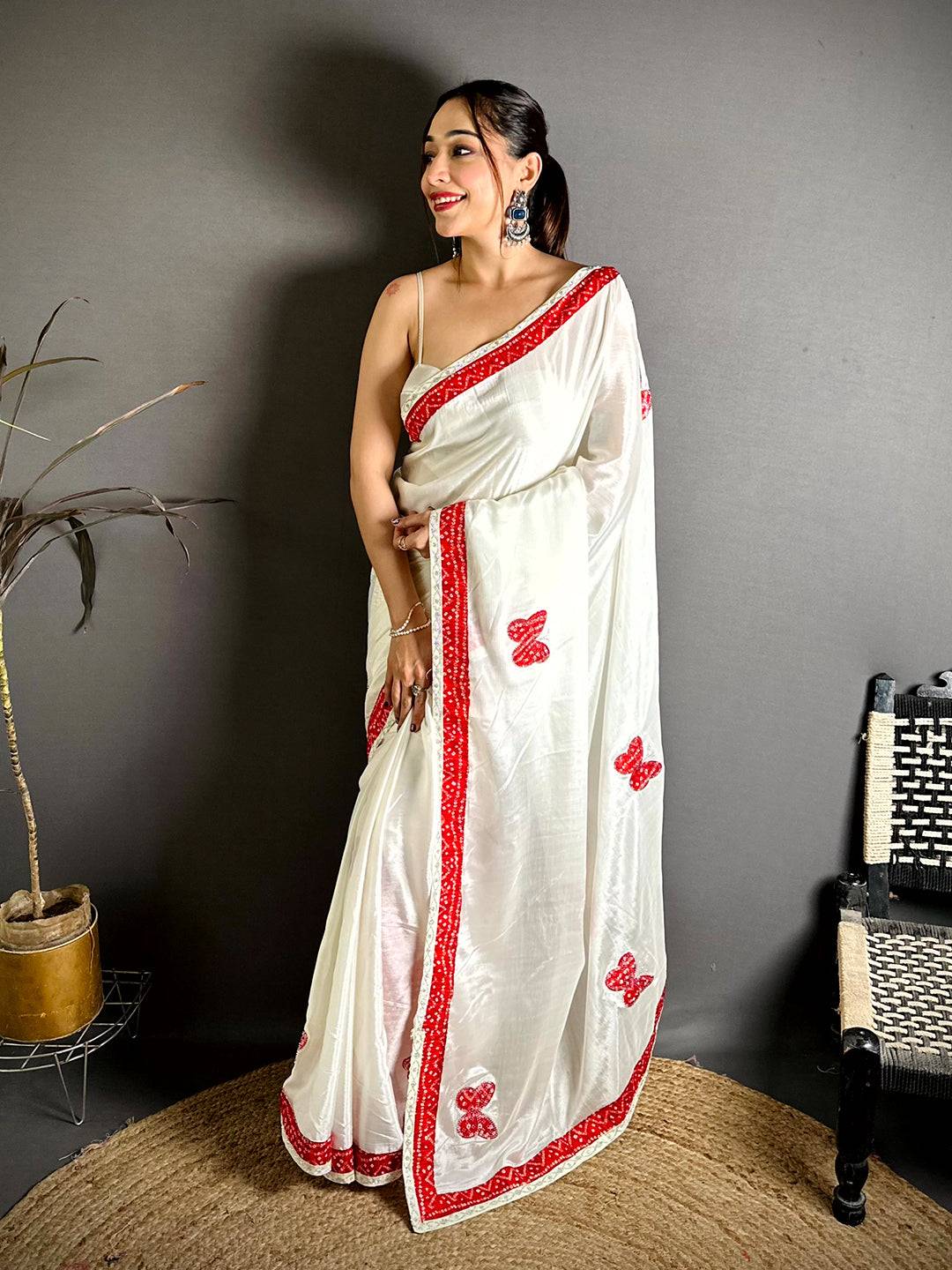 Red Soft Chinnon Butterfly Butta Saree