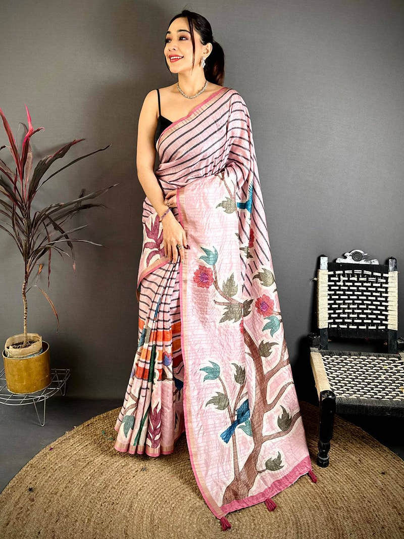 Baby Pink Tussar Ghicha Floral Bird Saree