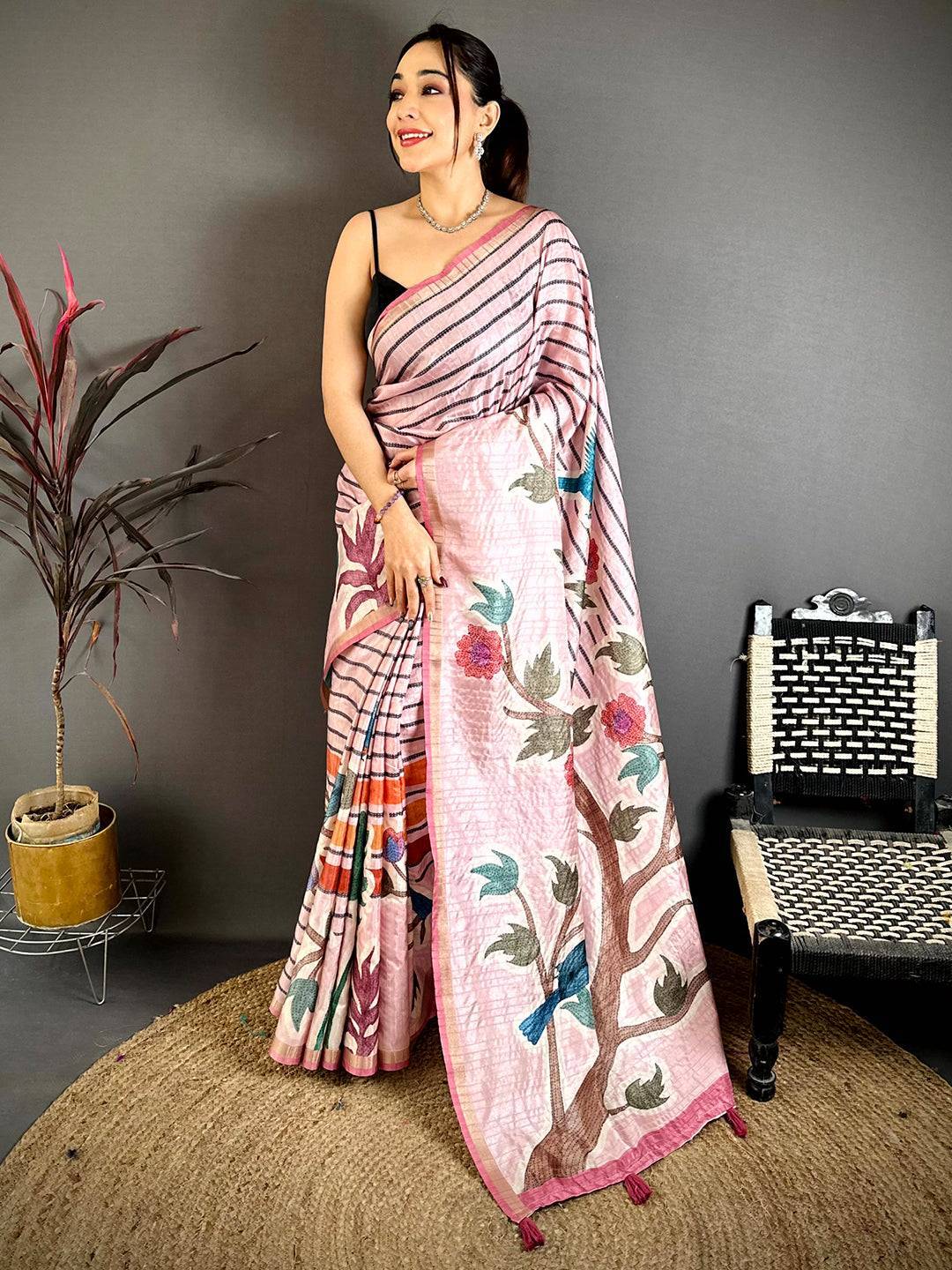 Baby Pink Tussar Ghicha Floral Bird Saree