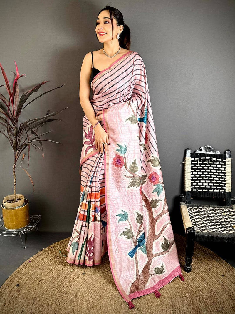 Baby Pink Tussar Ghicha Floral Bird Saree
