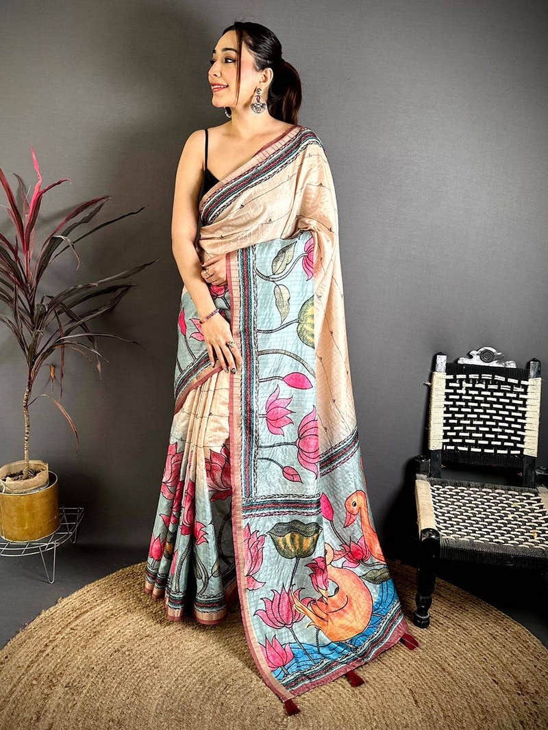 Royal Madhubani Katha Effect Tussar Saree