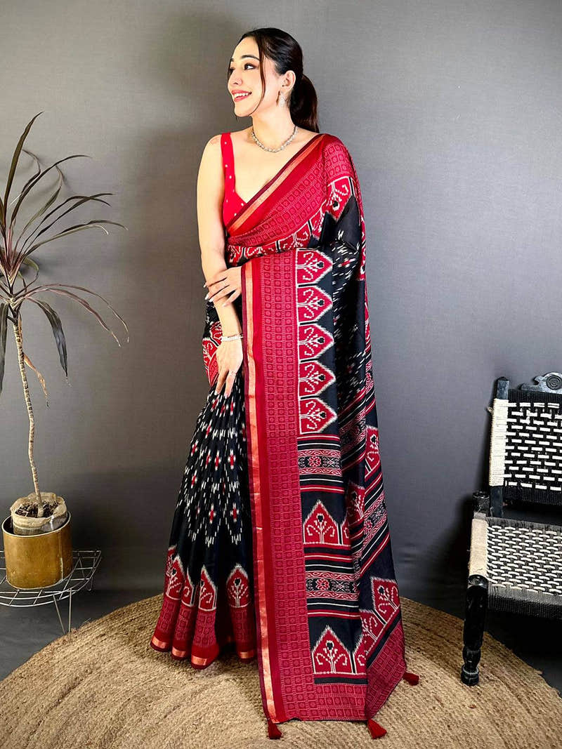 Black Mul Cotton Ikkat Rudraksha Border Saree